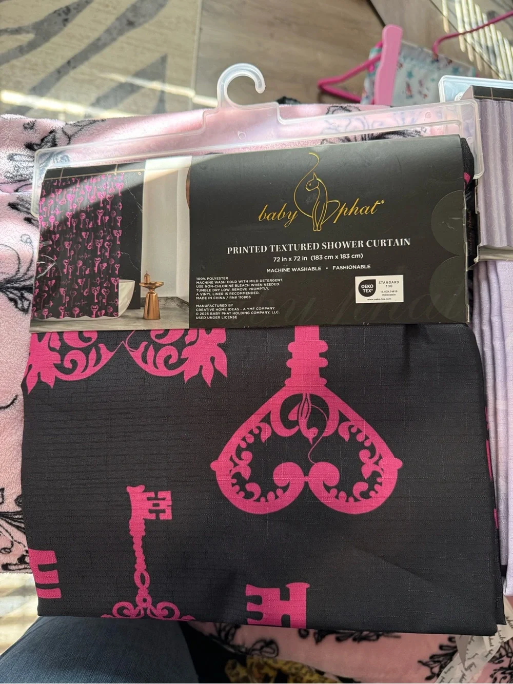 Baby Phat Black and Hot Pink Key Motif Shower Curtain
